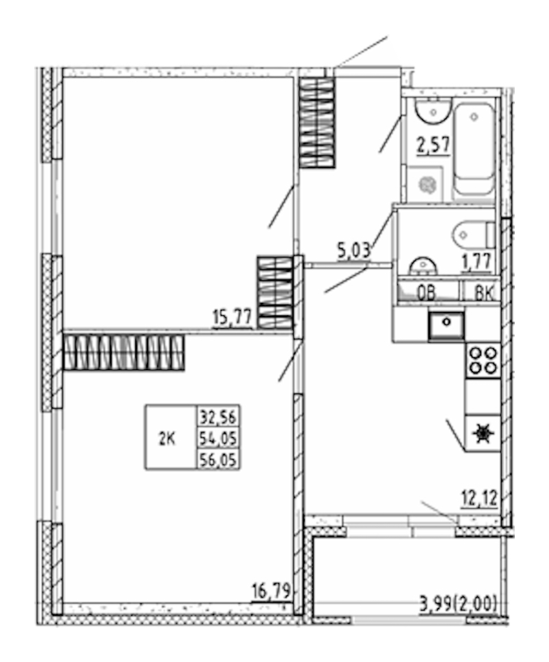 2-комнатная квартира 56.05 м², 7/12 эт., ЖК «UP! Квартал Воронцовский»
